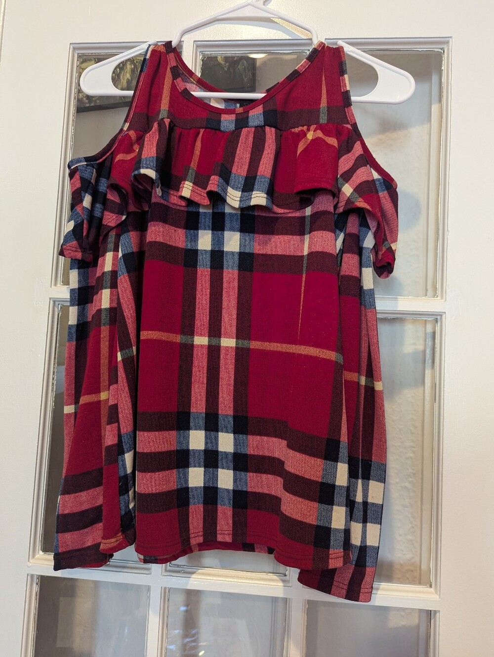 Women’s Red Plaid Cold-Shoulder Ruffle Top